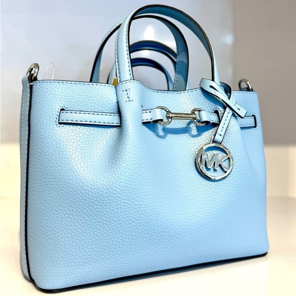 Michael Kors Carson Small Pebbled Leather Satchel Bag Light Sky Blue - Picture 1 of 8